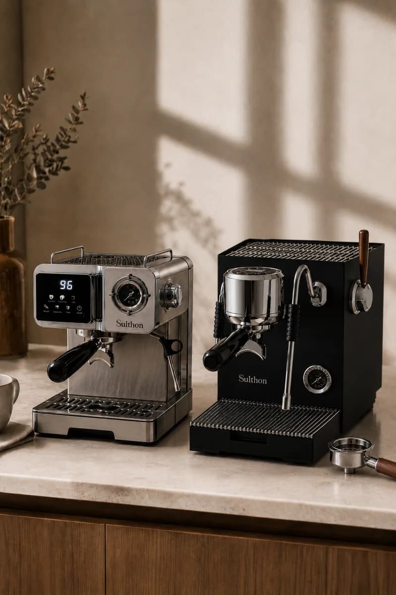 Mesin espresso Sulthon di meja dapur dengan cahaya pagi